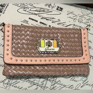Guess Woven Tan & Peach Clutch, Like-New Condition